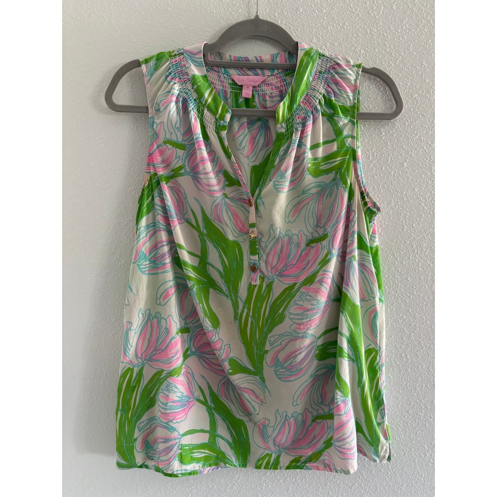 Lilly Pulitzer Houston Tank Women Medium Silk Ruffle Preppy Beach Coastal Resort